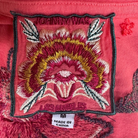 Johnny Was Tiered Embroidered Cotton Midi Dress Boho Artsy Coral Pink Medium - Picture 8 of 9